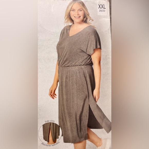 Linen Dress Shortsleeved Side Slits - Olive Green - XXL (16-18) - Picture 6 of 6